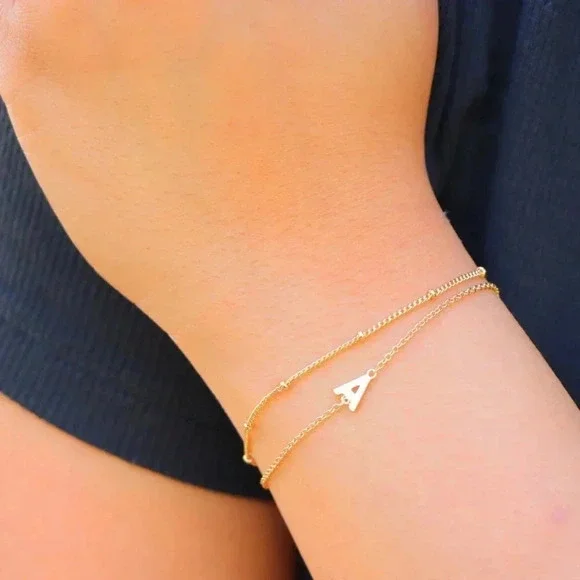 ▶ LIMITED EDITION!! Letter A-Z Initial Gold Bracelet 2 Layered Chain, ELDM22188 - Picture 8 of 16